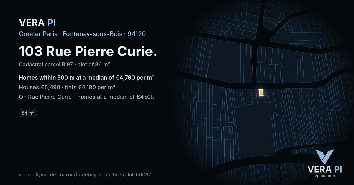 103 Rue Pierre Curie, Fontenay-sous-Bois at night – the plot lit, the parcels around coloured by the prices near them