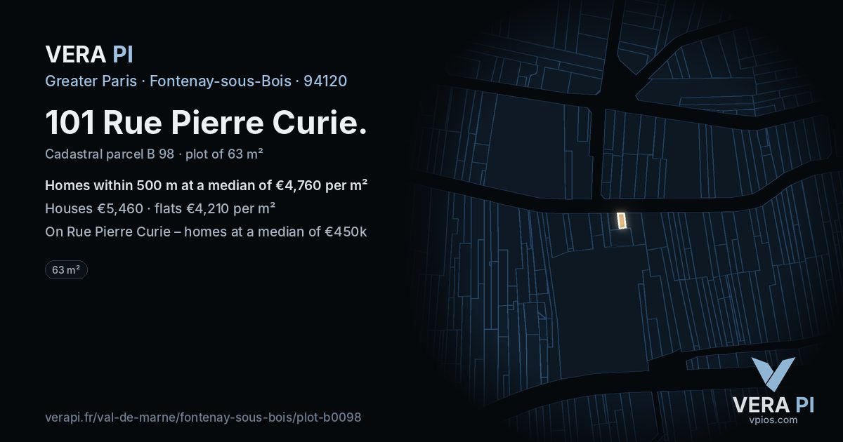 101 Rue Pierre Curie, Fontenay-sous-Bois at night – the plot lit, the parcels around coloured by the prices near them