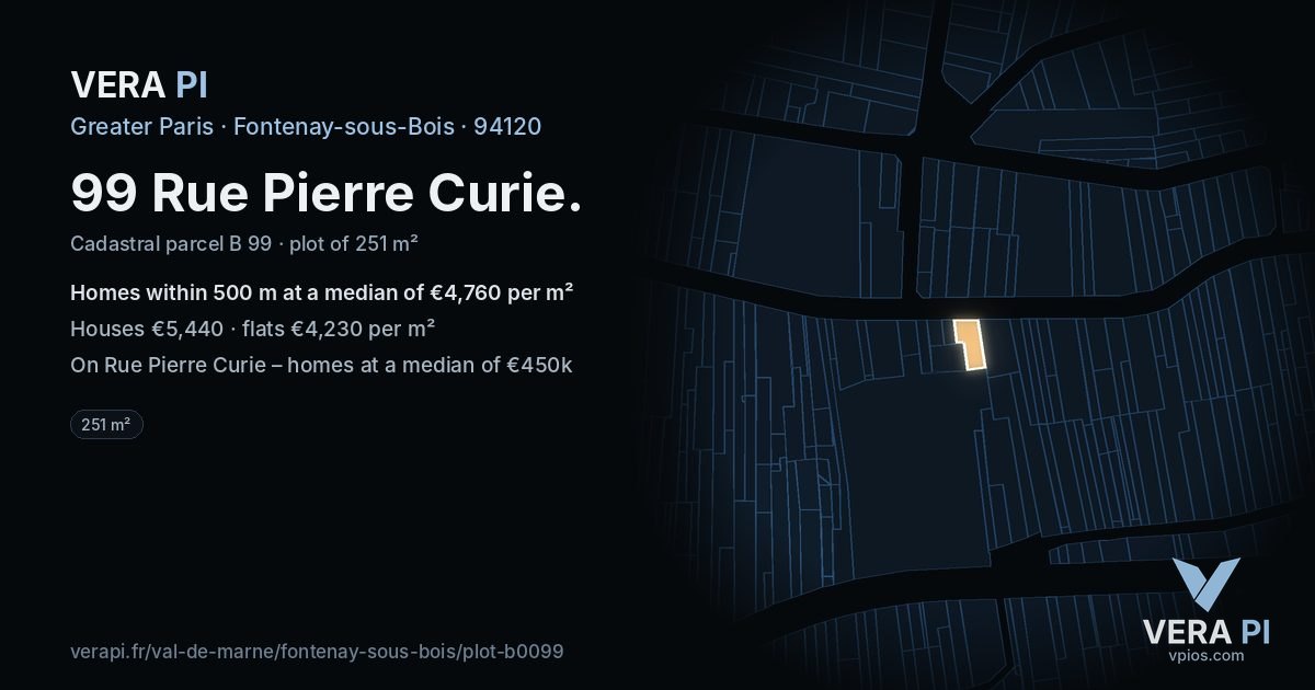 99 Rue Pierre Curie, Fontenay-sous-Bois at night – the plot lit, the parcels around coloured by the prices near them