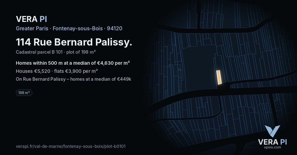 114 Rue Bernard Palissy, Fontenay-sous-Bois at night – the plot lit, the parcels around coloured by the prices near them