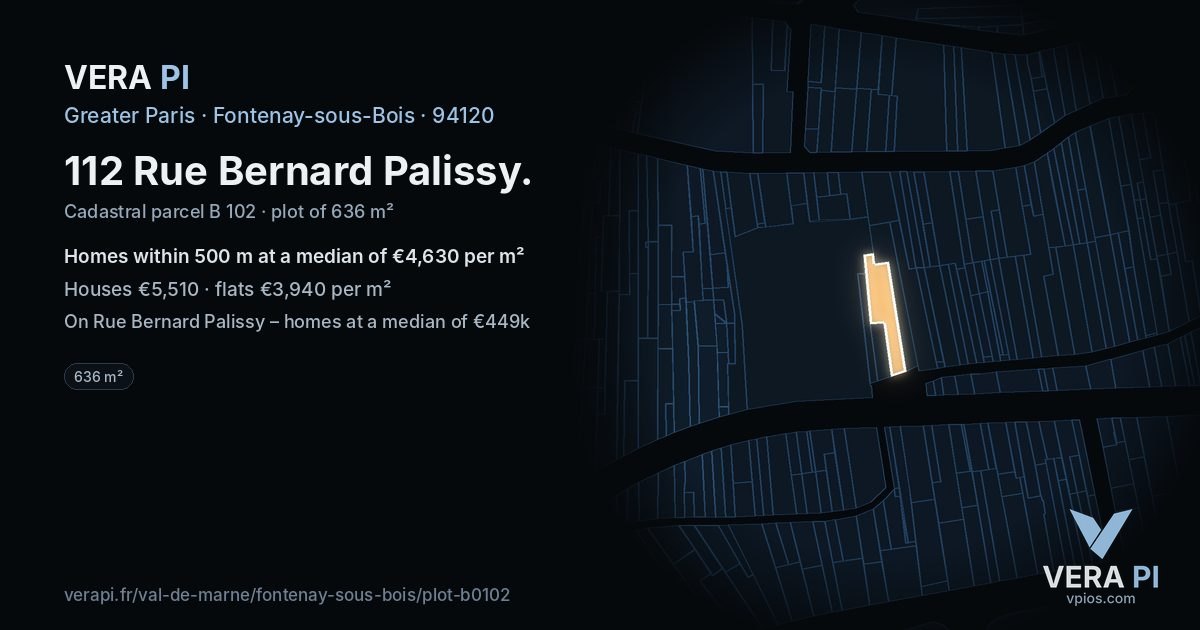 112 Rue Bernard Palissy, Fontenay-sous-Bois at night – the plot lit, the parcels around coloured by the prices near them