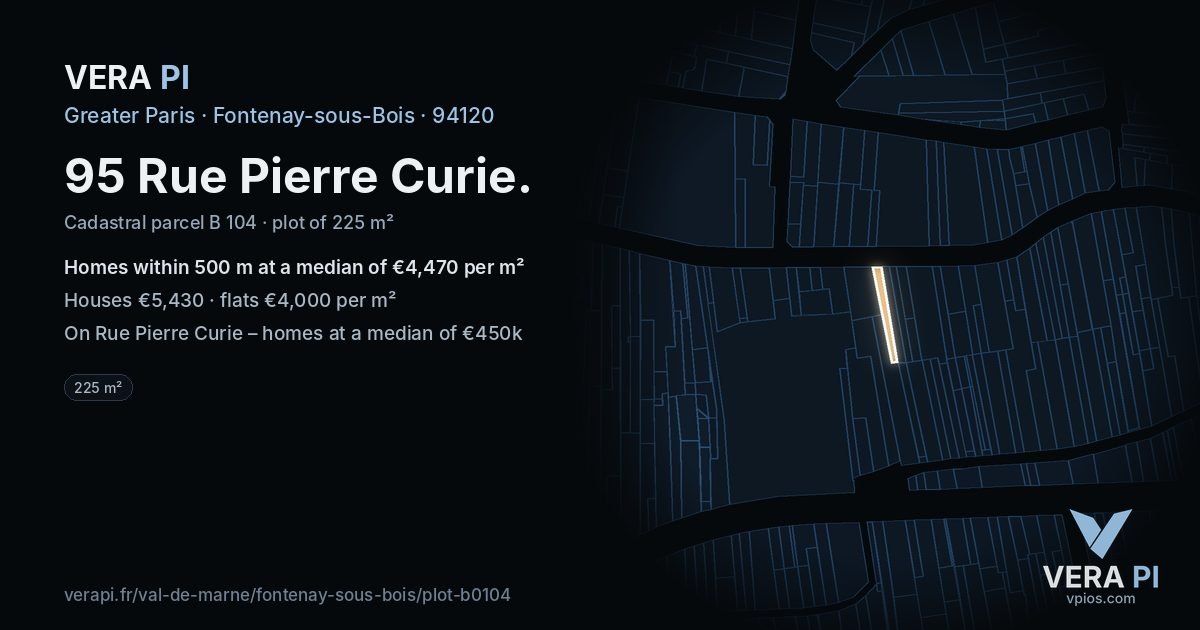 95 Rue Pierre Curie, Fontenay-sous-Bois at night – the plot lit, the parcels around coloured by the prices near them