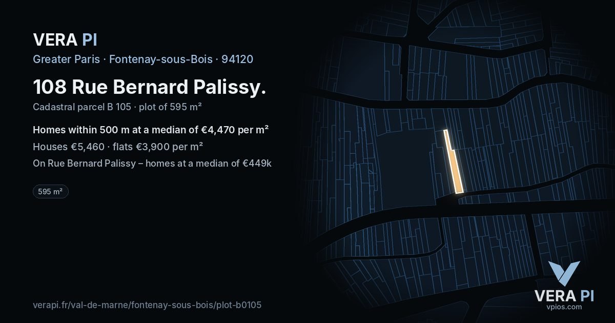 108 Rue Bernard Palissy, Fontenay-sous-Bois at night – the plot lit, the parcels around coloured by the prices near them