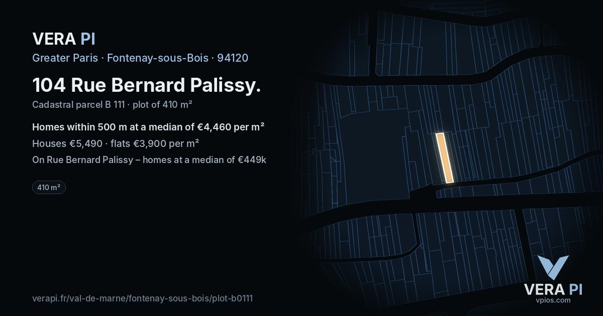 104 Rue Bernard Palissy, Fontenay-sous-Bois at night – the plot lit, the parcels around coloured by the prices near them