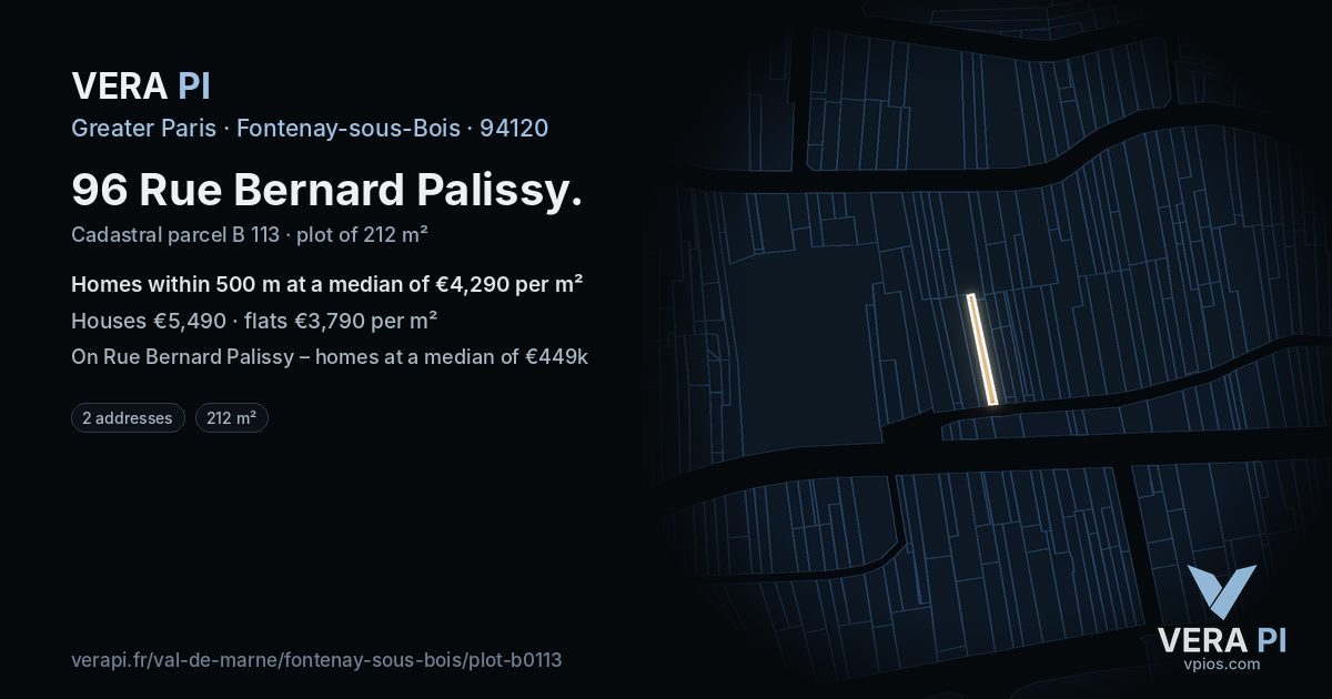 96 Rue Bernard Palissy, Fontenay-sous-Bois at night – the plot lit, the parcels around coloured by the prices near them
