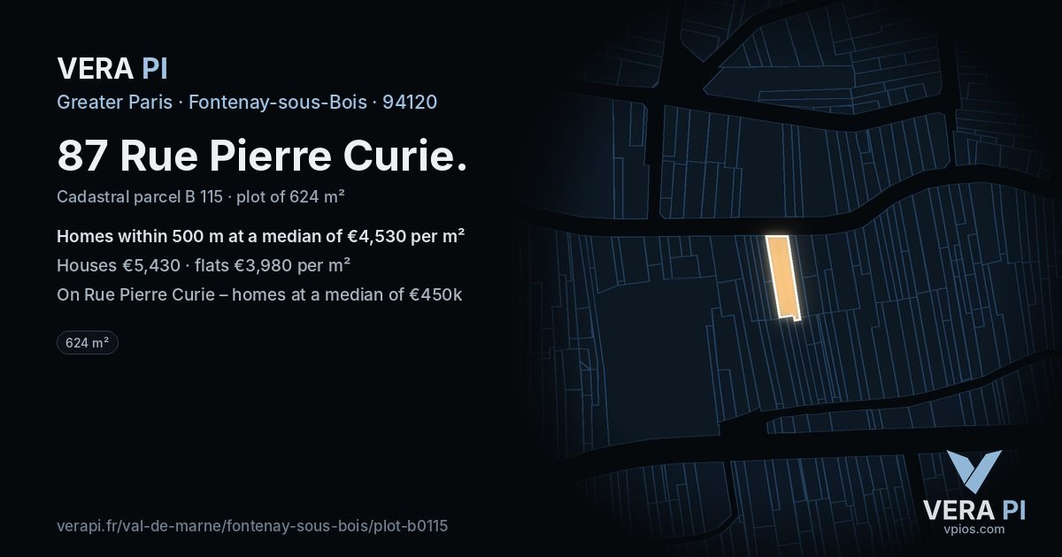 87 Rue Pierre Curie, Fontenay-sous-Bois at night – the plot lit, the parcels around coloured by the prices near them