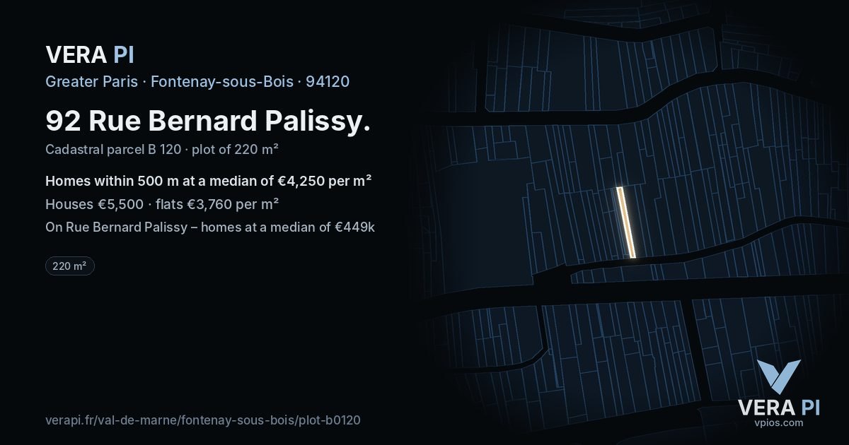 92 Rue Bernard Palissy, Fontenay-sous-Bois at night – the plot lit, the parcels around coloured by the prices near them