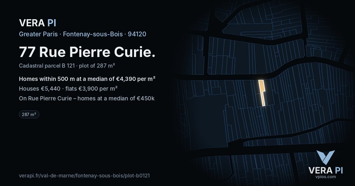 77 Rue Pierre Curie, Fontenay-sous-Bois at night – the plot lit, the parcels around coloured by the prices near them