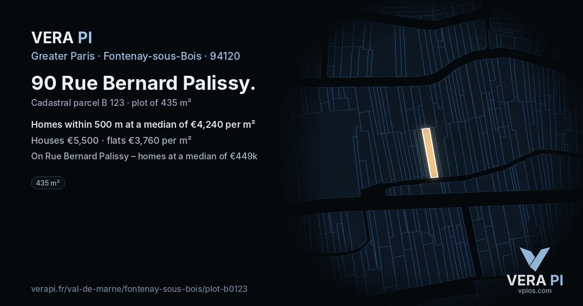 90 Rue Bernard Palissy, Fontenay-sous-Bois at night – the plot lit, the parcels around coloured by the prices near them