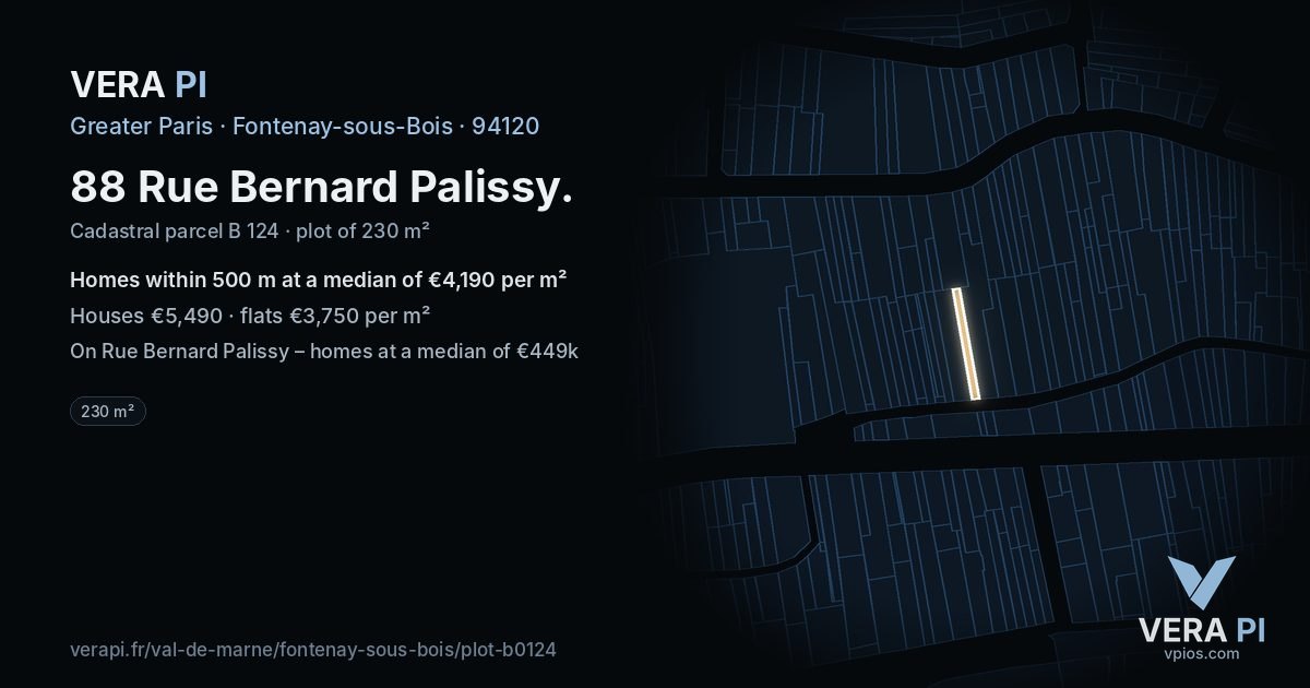 88 Rue Bernard Palissy, Fontenay-sous-Bois at night – the plot lit, the parcels around coloured by the prices near them