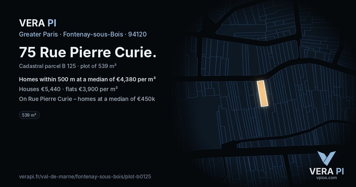 75 Rue Pierre Curie, Fontenay-sous-Bois at night – the plot lit, the parcels around coloured by the prices near them
