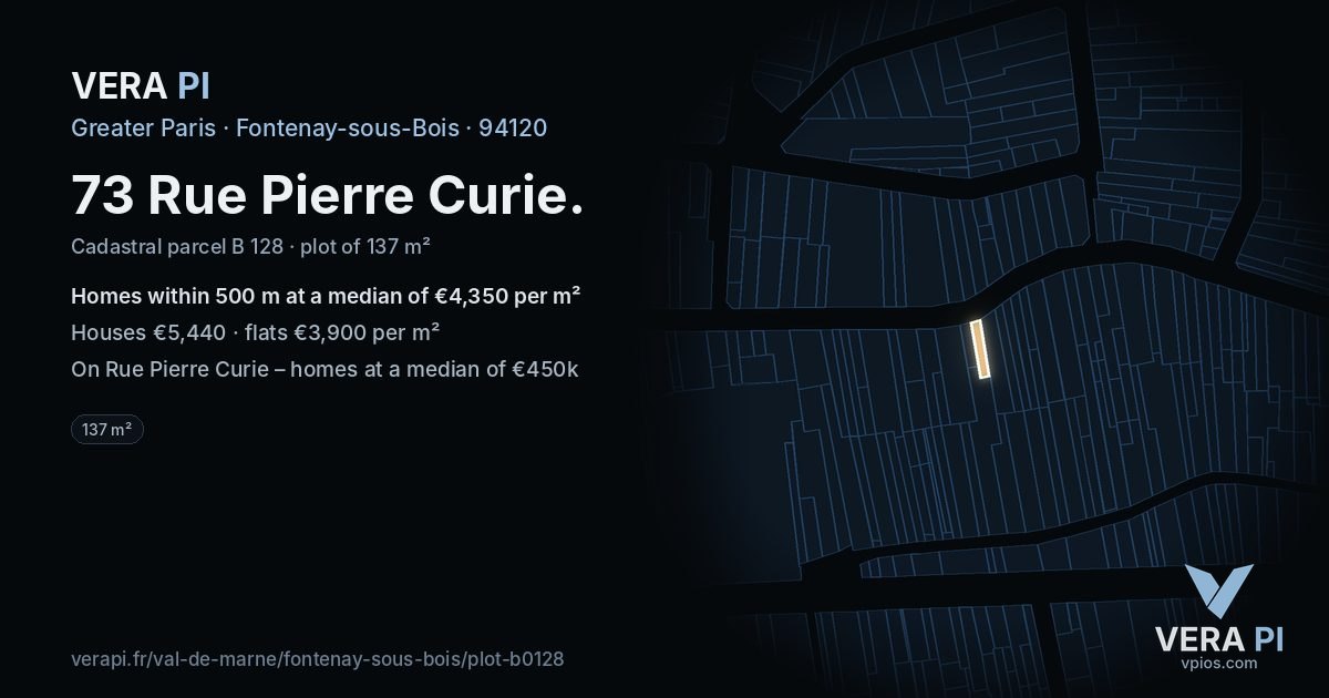 73 Rue Pierre Curie, Fontenay-sous-Bois at night – the plot lit, the parcels around coloured by the prices near them