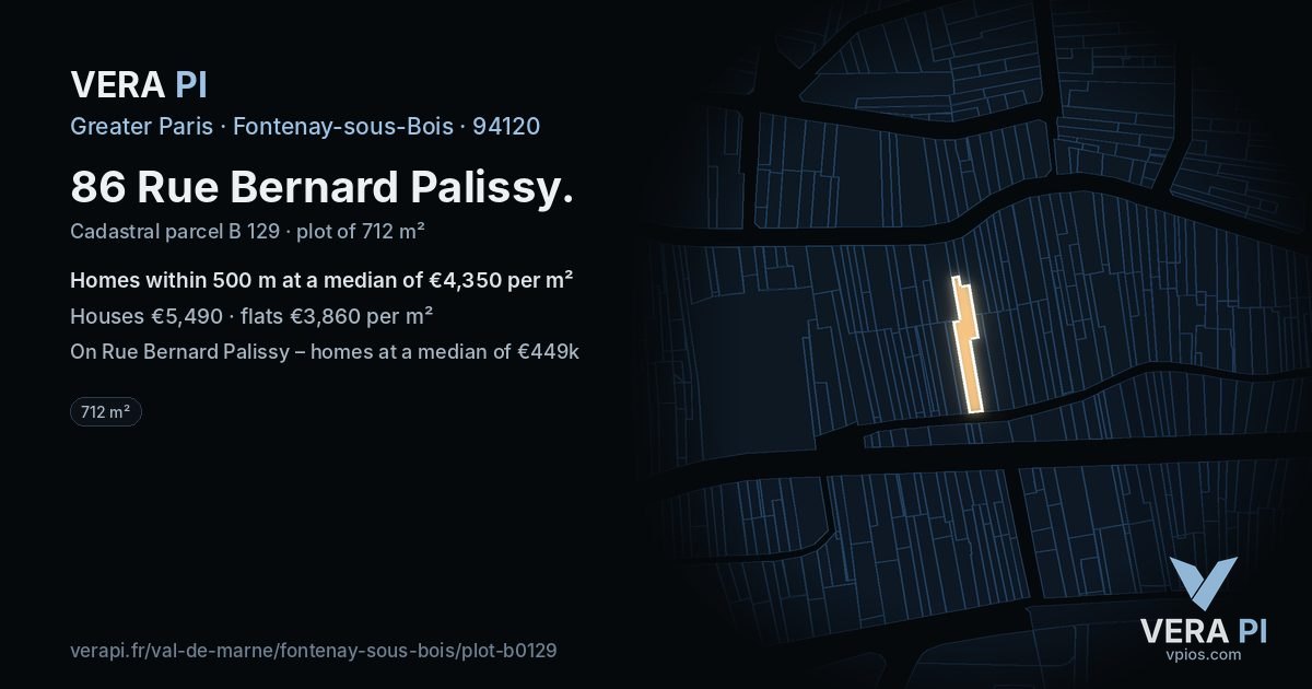 86 Rue Bernard Palissy, Fontenay-sous-Bois at night – the plot lit, the parcels around coloured by the prices near them