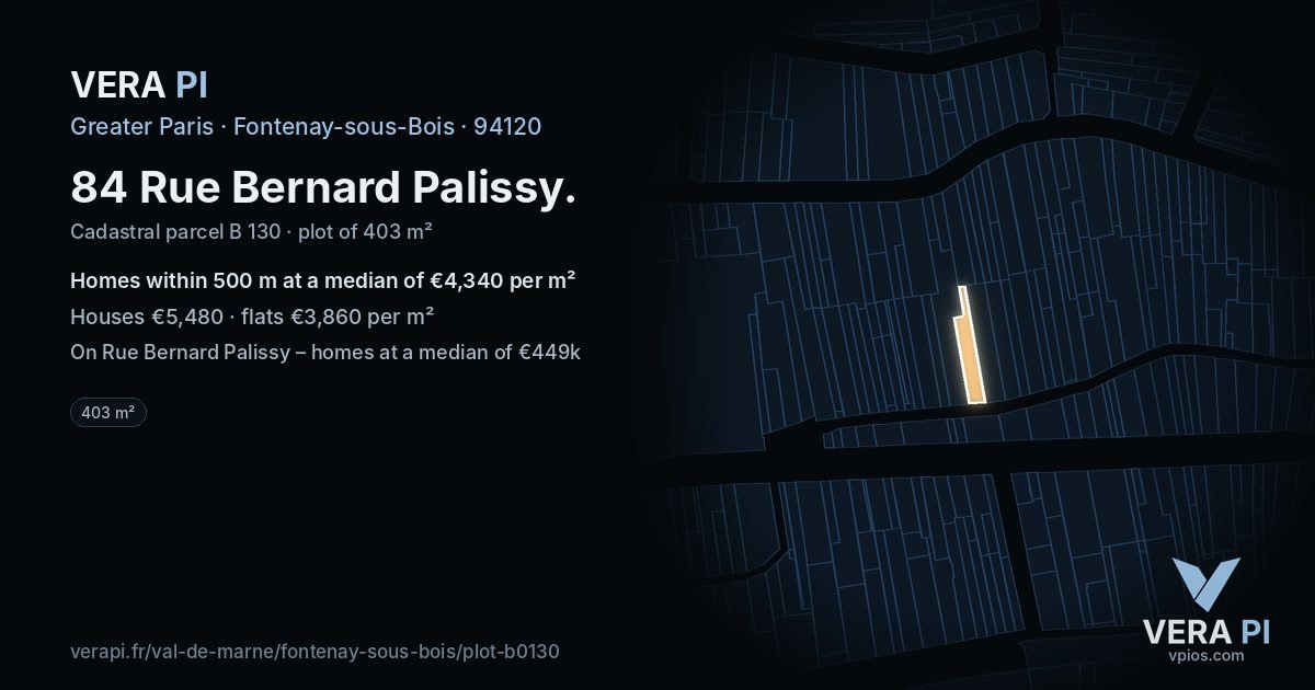 84 Rue Bernard Palissy, Fontenay-sous-Bois at night – the plot lit, the parcels around coloured by the prices near them