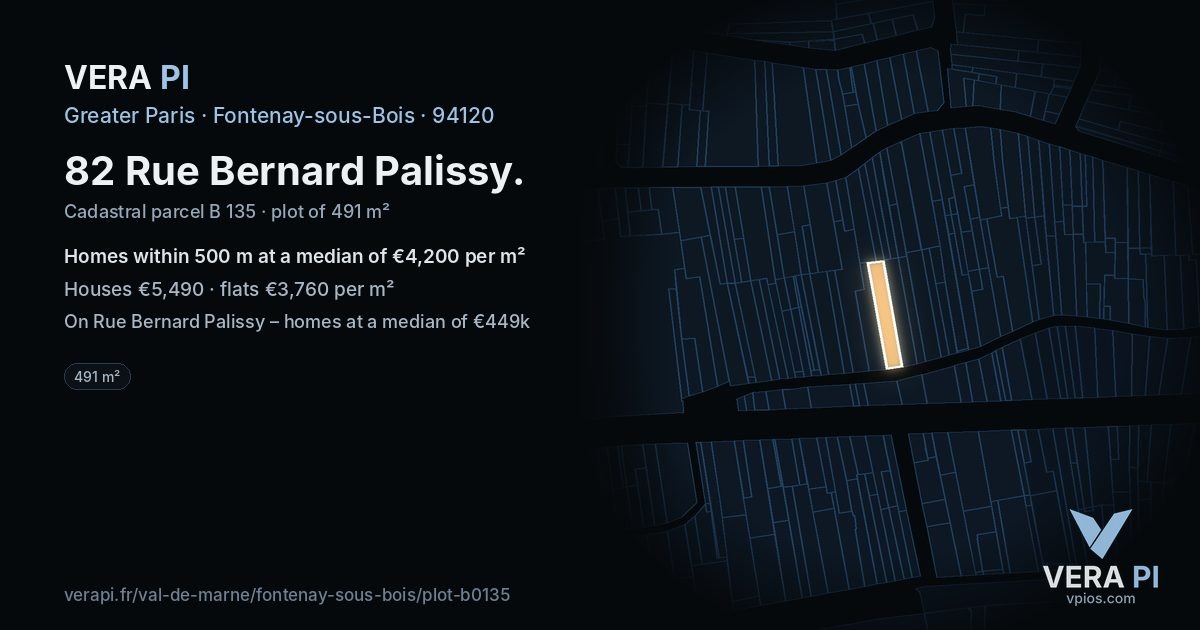 82 Rue Bernard Palissy, Fontenay-sous-Bois at night – the plot lit, the parcels around coloured by the prices near them