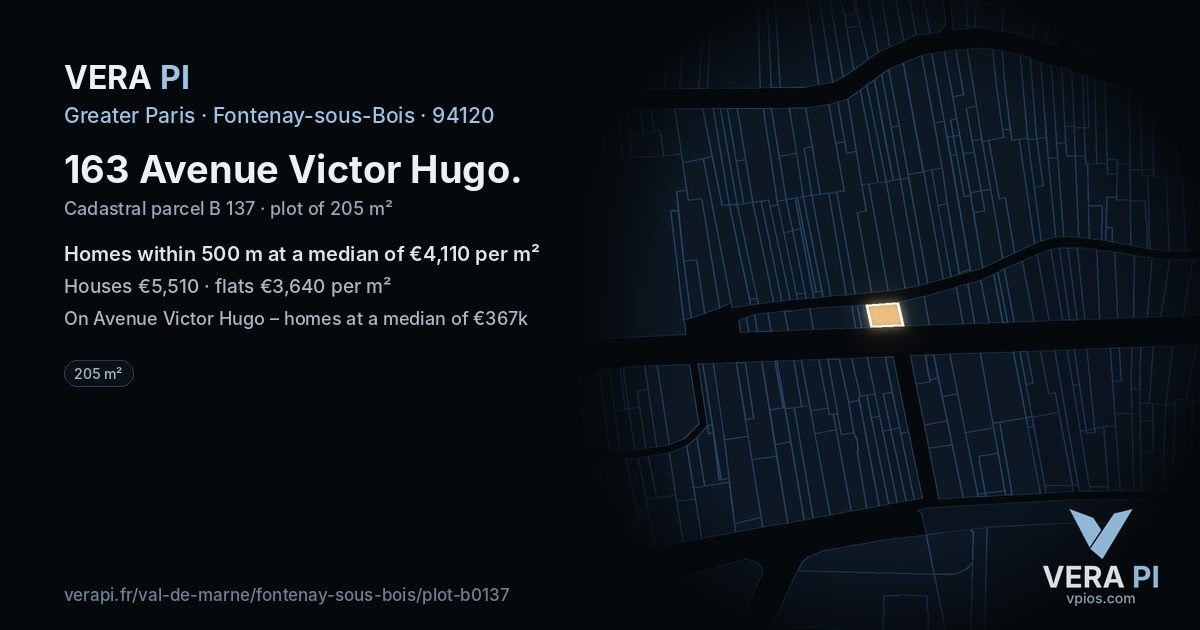 163 Avenue Victor Hugo, Fontenay-sous-Bois at night – the plot lit, the parcels around coloured by the prices near them