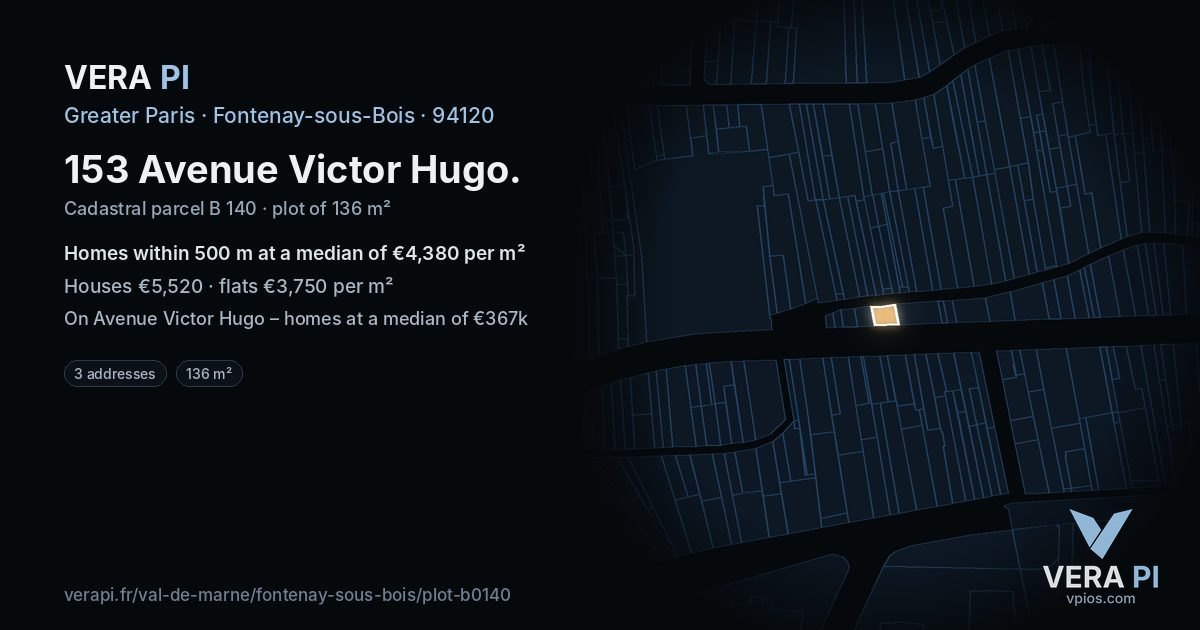 153 Avenue Victor Hugo, Fontenay-sous-Bois at night – the plot lit, the parcels around coloured by the prices near them