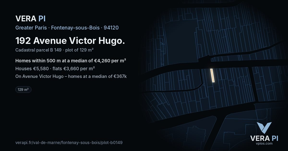 192 Avenue Victor Hugo, Fontenay-sous-Bois at night – the plot lit, the parcels around coloured by the prices near them
