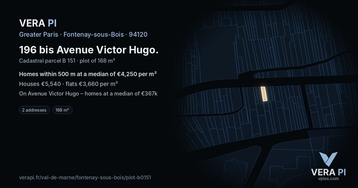 196 bis Avenue Victor Hugo, Fontenay-sous-Bois at night – the plot lit, the parcels around coloured by the prices near them