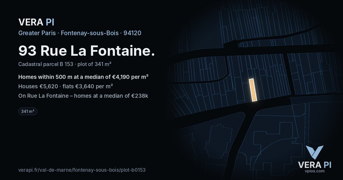 93 Rue La Fontaine, Fontenay-sous-Bois at night – the plot lit, the parcels around coloured by the prices near them