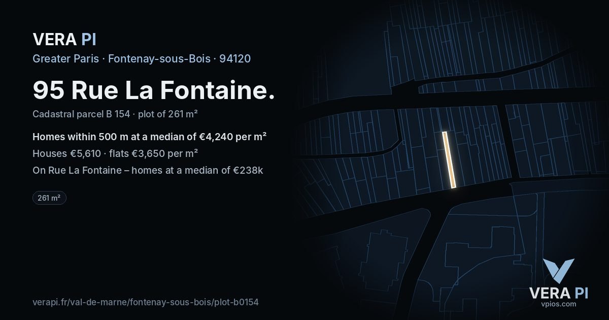 95 Rue La Fontaine, Fontenay-sous-Bois at night – the plot lit, the parcels around coloured by the prices near them