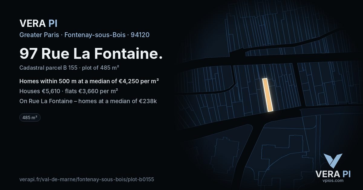 97 Rue La Fontaine, Fontenay-sous-Bois at night – the plot lit, the parcels around coloured by the prices near them