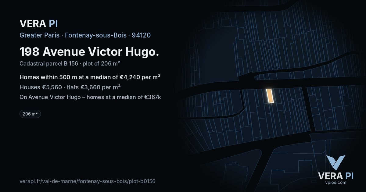 198 Avenue Victor Hugo, Fontenay-sous-Bois at night – the plot lit, the parcels around coloured by the prices near them
