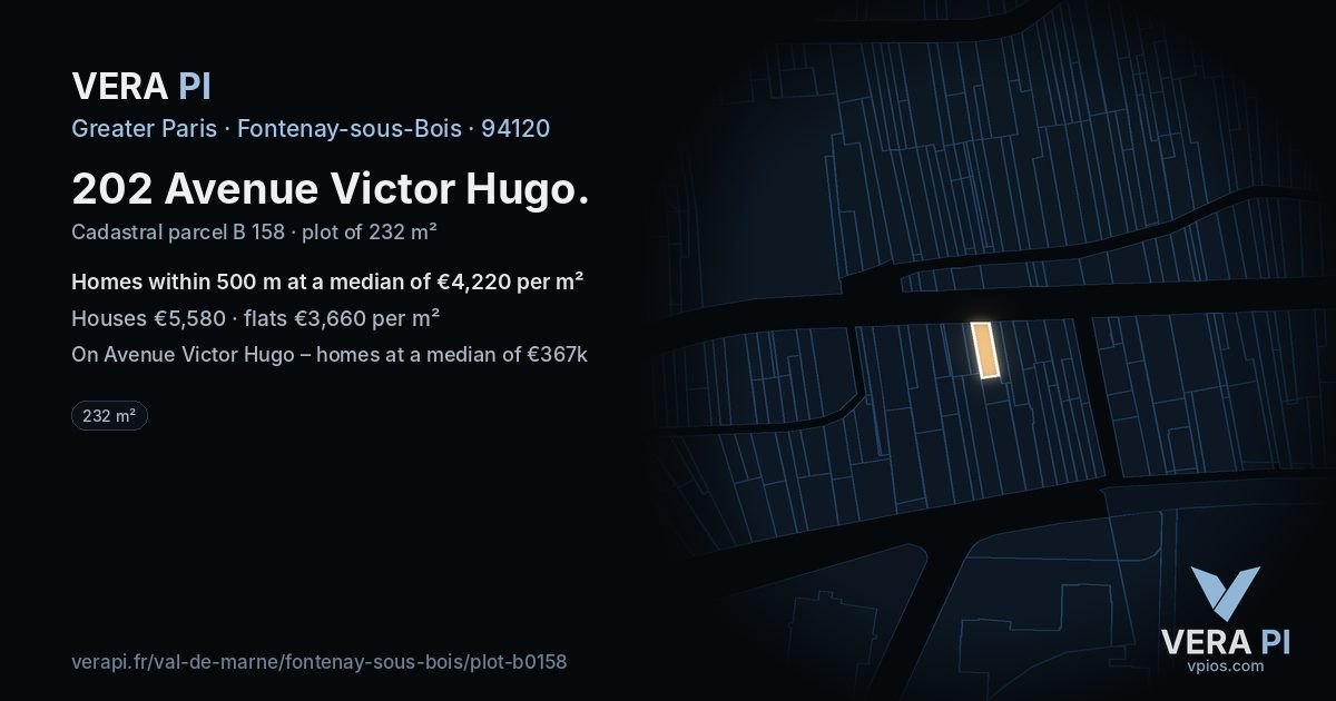 202 Avenue Victor Hugo, Fontenay-sous-Bois at night – the plot lit, the parcels around coloured by the prices near them