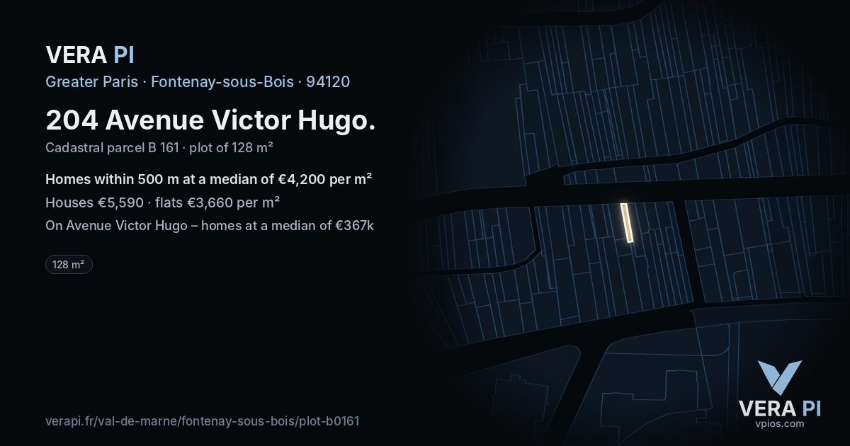 204 Avenue Victor Hugo, Fontenay-sous-Bois at night – the plot lit, the parcels around coloured by the prices near them
