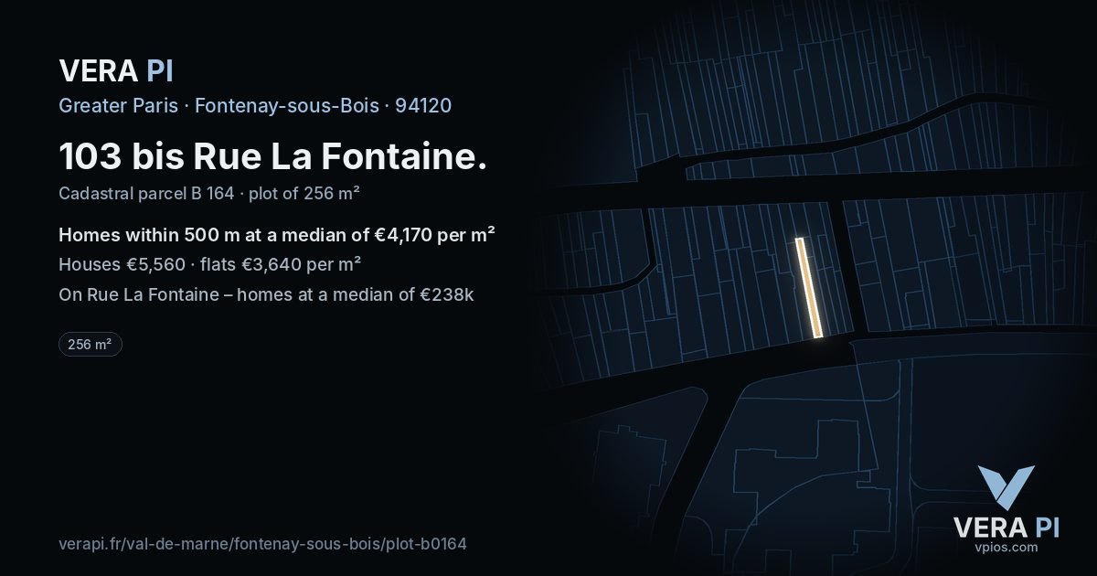 103 bis Rue La Fontaine, Fontenay-sous-Bois at night – the plot lit, the parcels around coloured by the prices near them