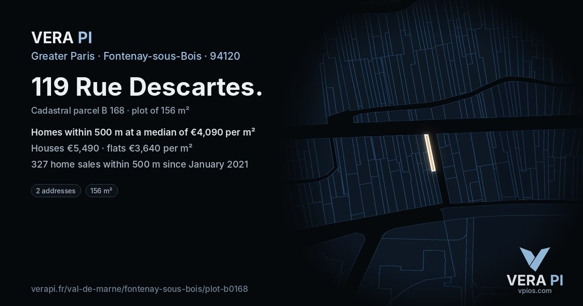 119 Rue Descartes, Fontenay-sous-Bois at night – the plot lit, the parcels around coloured by the prices near them