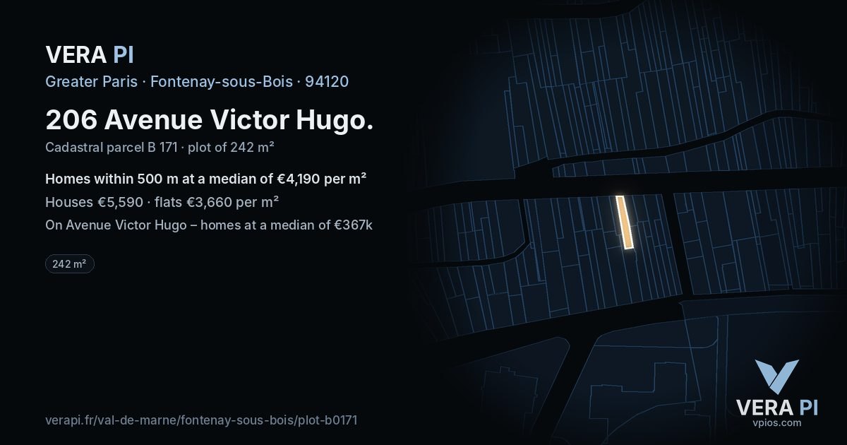 206 Avenue Victor Hugo, Fontenay-sous-Bois at night – the plot lit, the parcels around coloured by the prices near them