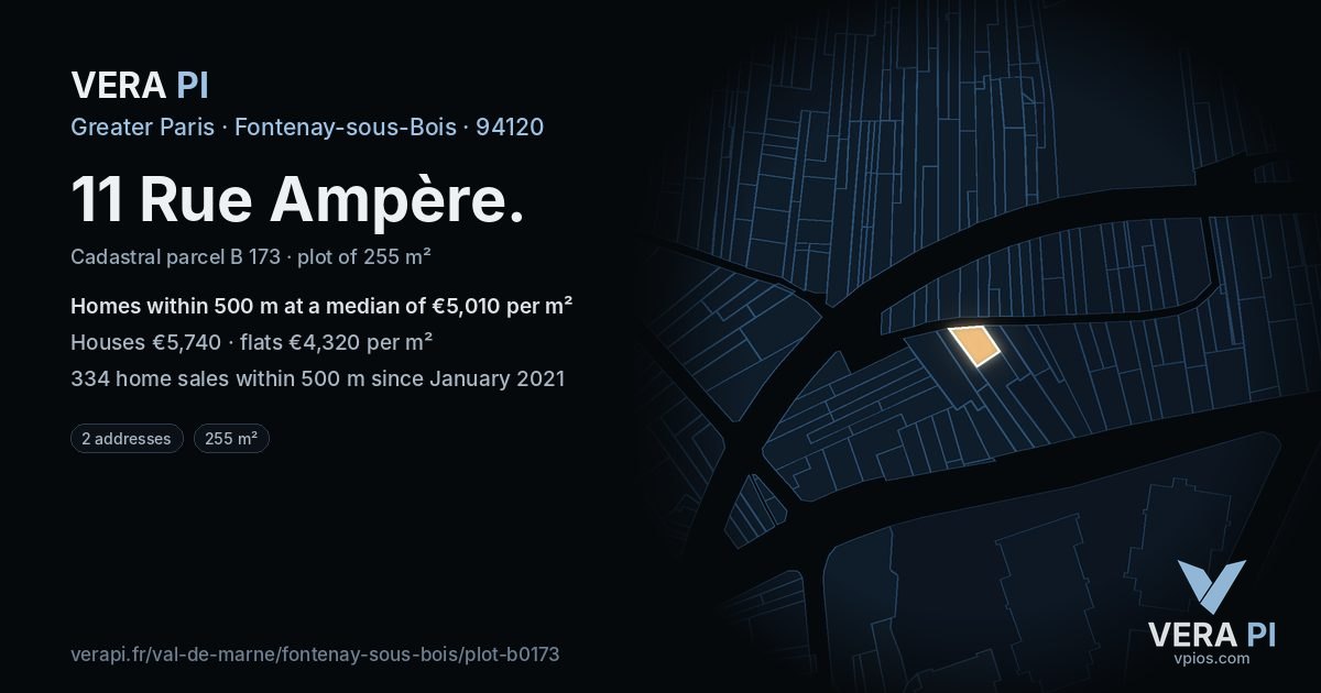 11 Rue Ampère, Fontenay-sous-Bois at night – the plot lit, the parcels around coloured by the prices near them
