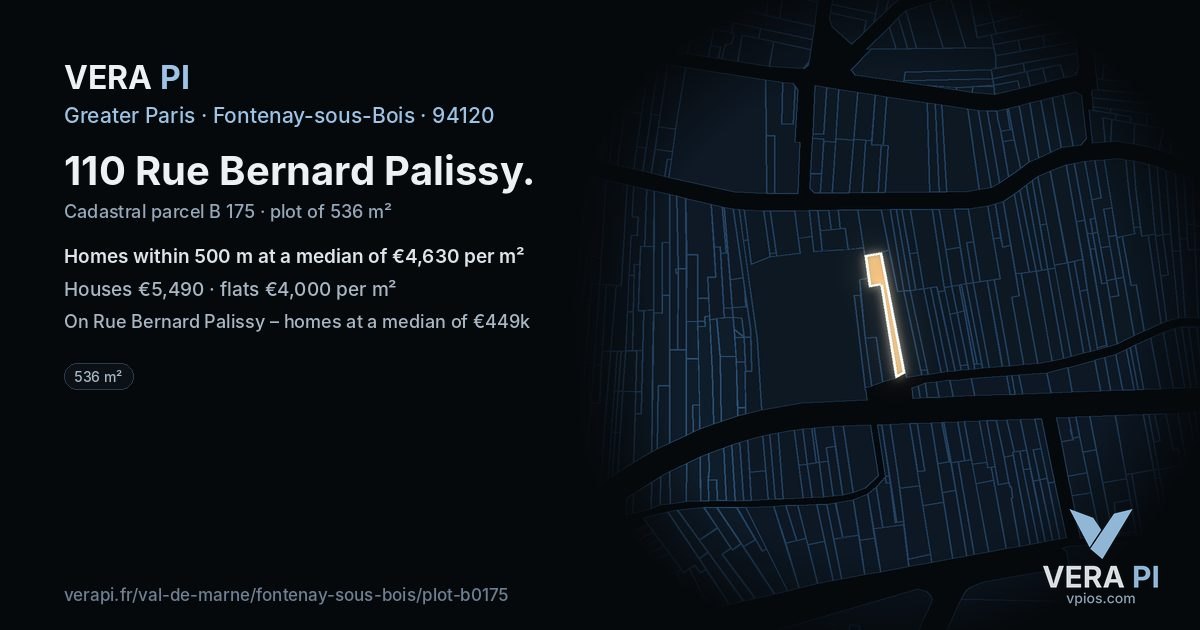 110 Rue Bernard Palissy, Fontenay-sous-Bois at night – the plot lit, the parcels around coloured by the prices near them