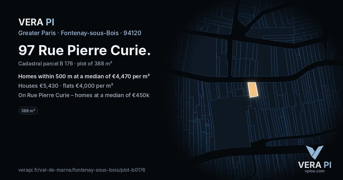 97 Rue Pierre Curie, Fontenay-sous-Bois at night – the plot lit, the parcels around coloured by the prices near them