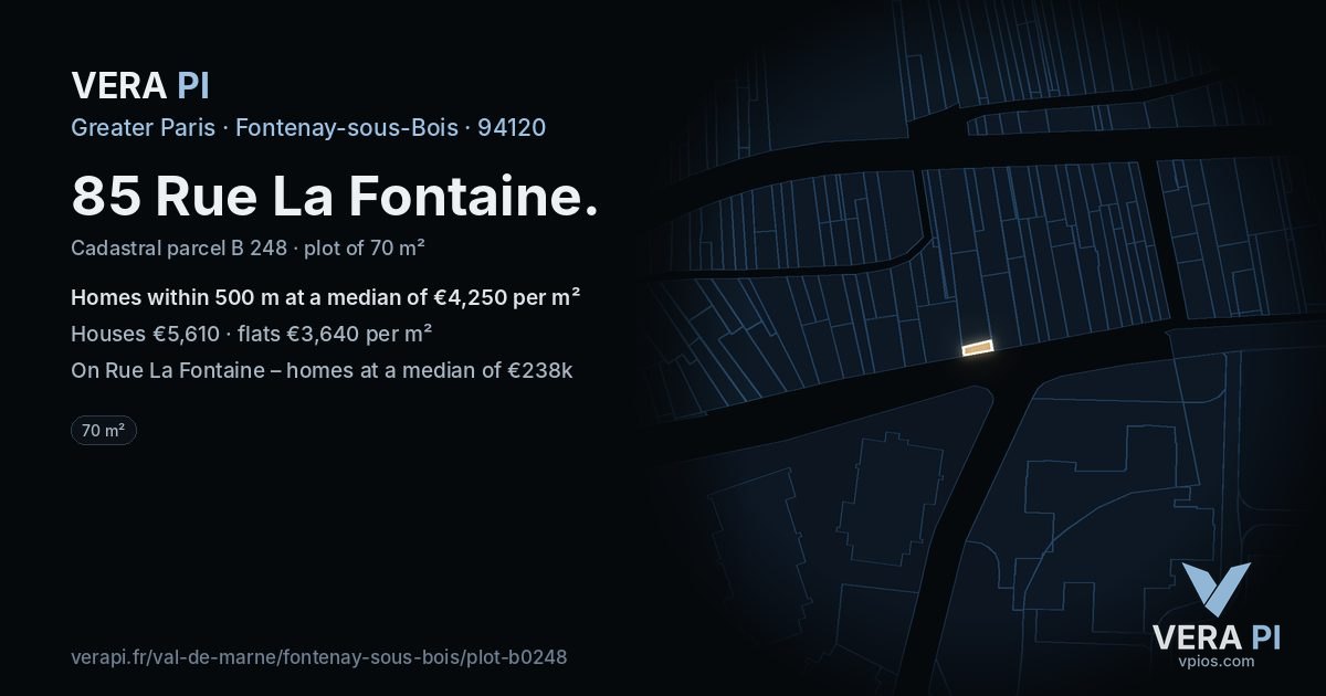 85 Rue La Fontaine, Fontenay-sous-Bois at night – the plot lit, the parcels around coloured by the prices near them
