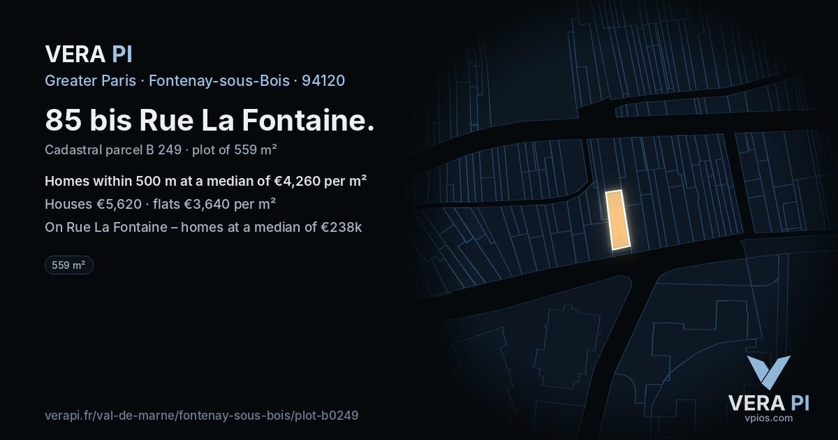 85 bis Rue La Fontaine, Fontenay-sous-Bois at night – the plot lit, the parcels around coloured by the prices near them