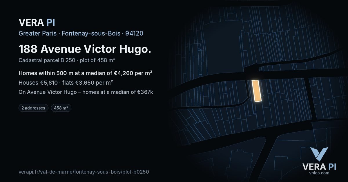 188 Avenue Victor Hugo, Fontenay-sous-Bois at night – the plot lit, the parcels around coloured by the prices near them