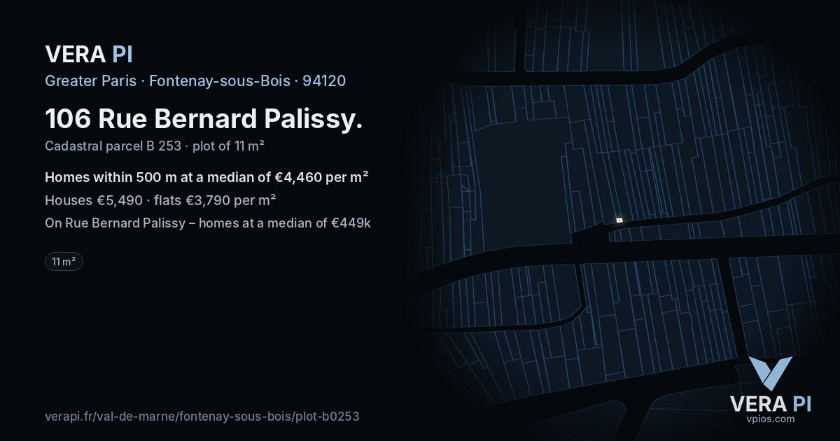 106 Rue Bernard Palissy, Fontenay-sous-Bois at night – the plot lit, the parcels around coloured by the prices near them