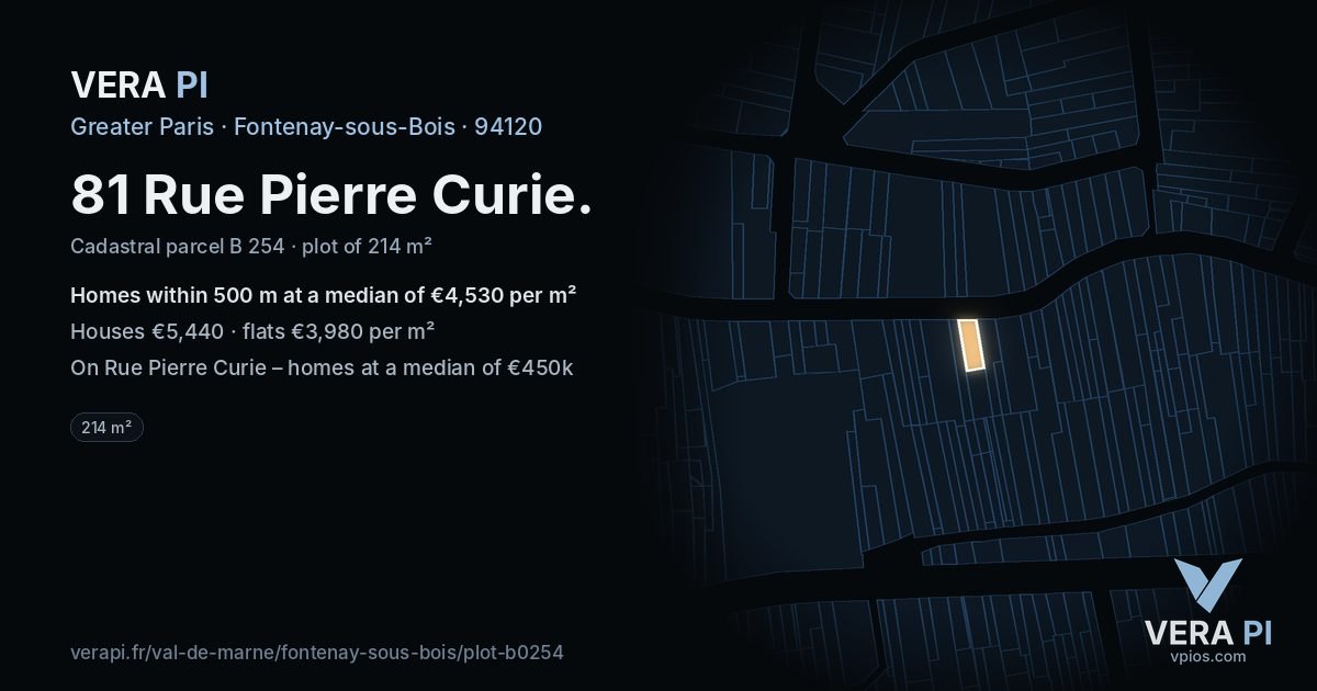 81 Rue Pierre Curie, Fontenay-sous-Bois at night – the plot lit, the parcels around coloured by the prices near them