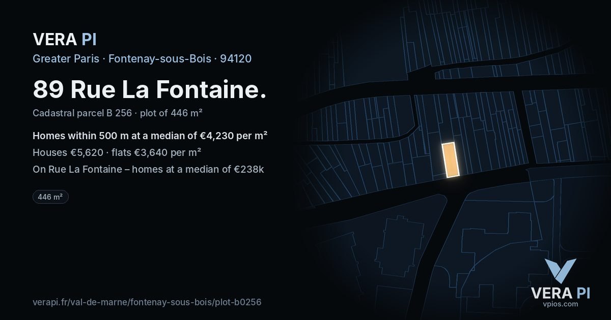 89 Rue La Fontaine, Fontenay-sous-Bois at night – the plot lit, the parcels around coloured by the prices near them