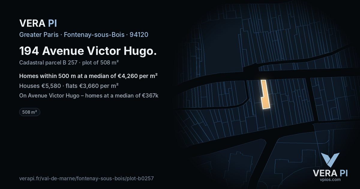 194 Avenue Victor Hugo, Fontenay-sous-Bois at night – the plot lit, the parcels around coloured by the prices near them