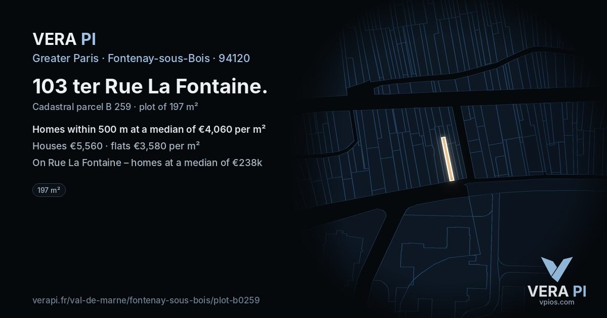 103 ter Rue La Fontaine, Fontenay-sous-Bois at night – the plot lit, the parcels around coloured by the prices near them