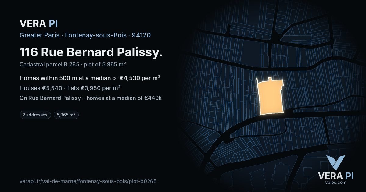 116 Rue Bernard Palissy, Fontenay-sous-Bois at night – the plot lit, the parcels around coloured by the prices near them