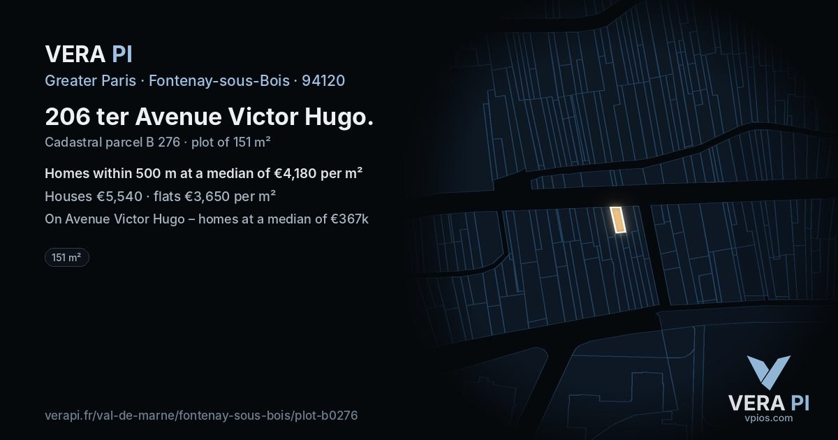 206 ter Avenue Victor Hugo, Fontenay-sous-Bois at night – the plot lit, the parcels around coloured by the prices near them