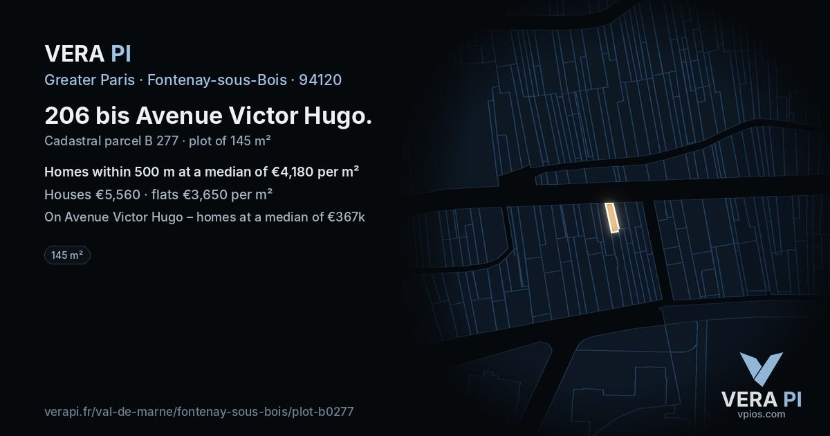 206 bis Avenue Victor Hugo, Fontenay-sous-Bois at night – the plot lit, the parcels around coloured by the prices near them