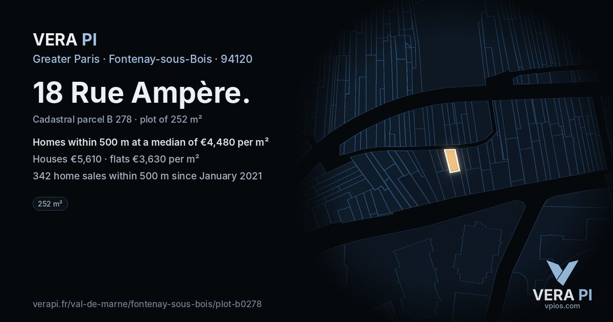 18 Rue Ampère, Fontenay-sous-Bois at night – the plot lit, the parcels around coloured by the prices near them