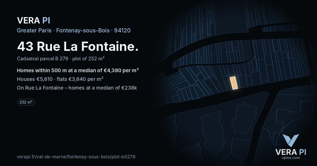 43 Rue La Fontaine, Fontenay-sous-Bois at night – the plot lit, the parcels around coloured by the prices near them