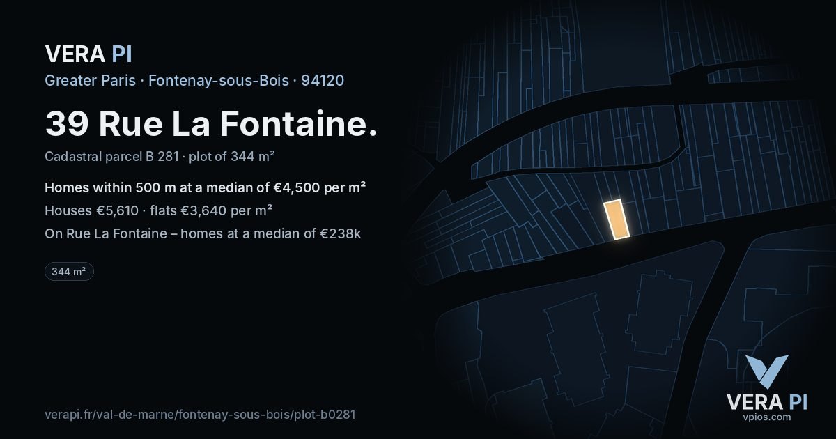 39 Rue La Fontaine, Fontenay-sous-Bois at night – the plot lit, the parcels around coloured by the prices near them