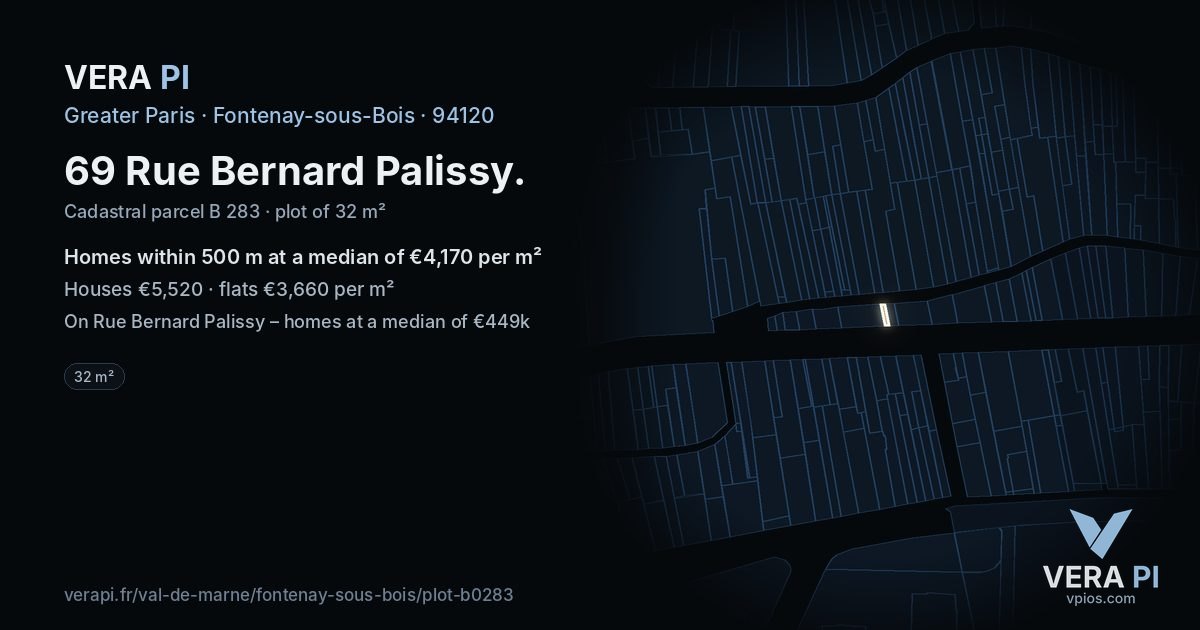 69 Rue Bernard Palissy, Fontenay-sous-Bois at night – the plot lit, the parcels around coloured by the prices near them